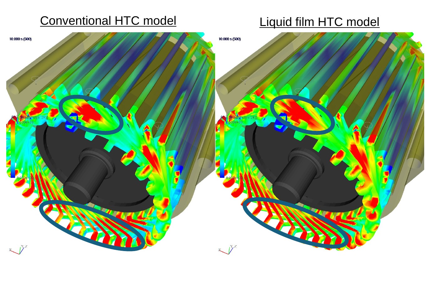 Porovnání rozložení součinitele přestupu tepla na statoru elektromotoru pro dva modely