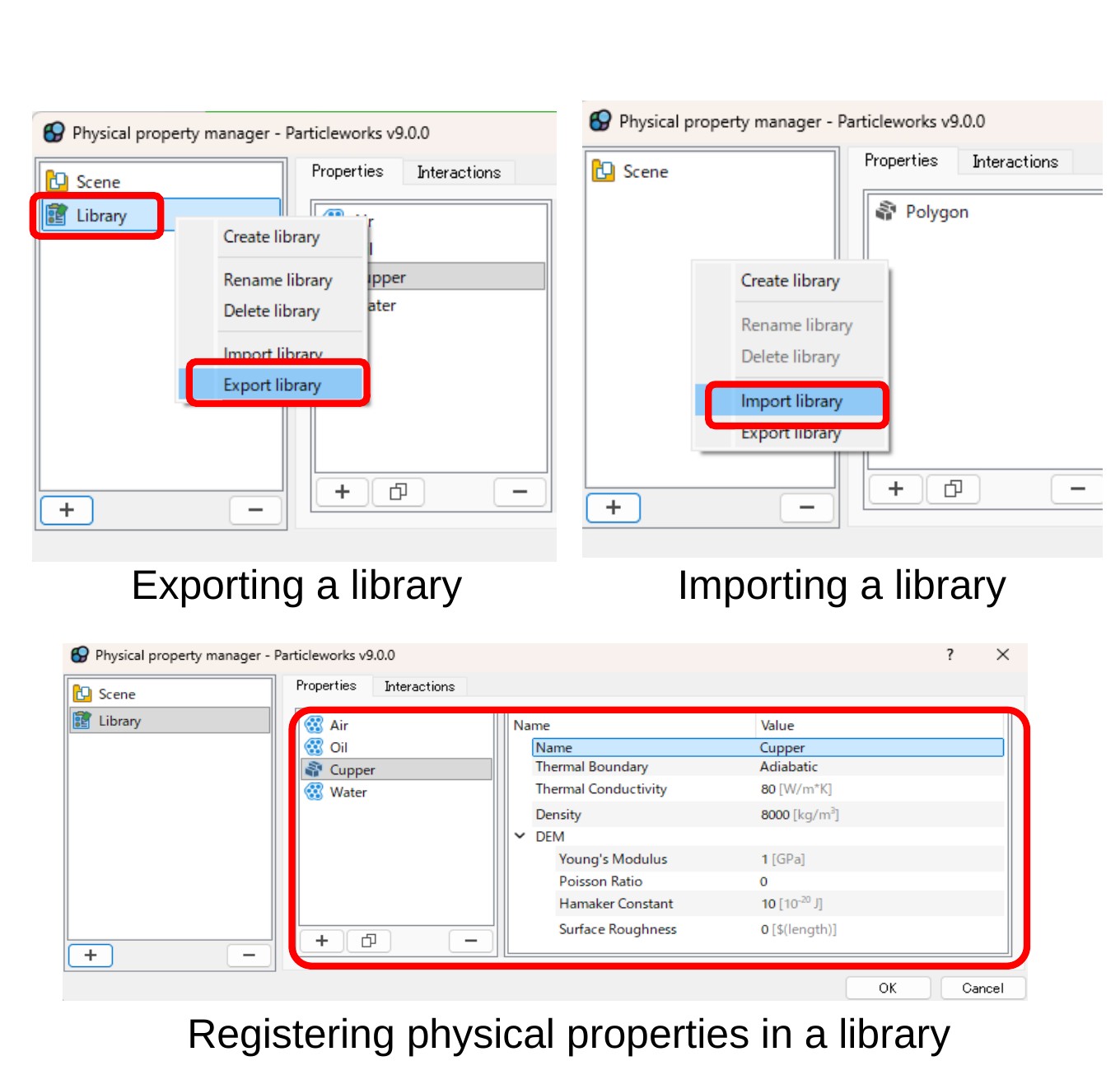 Okna správce fyzikálních vlastností s exportem, importem a registrací materiálu